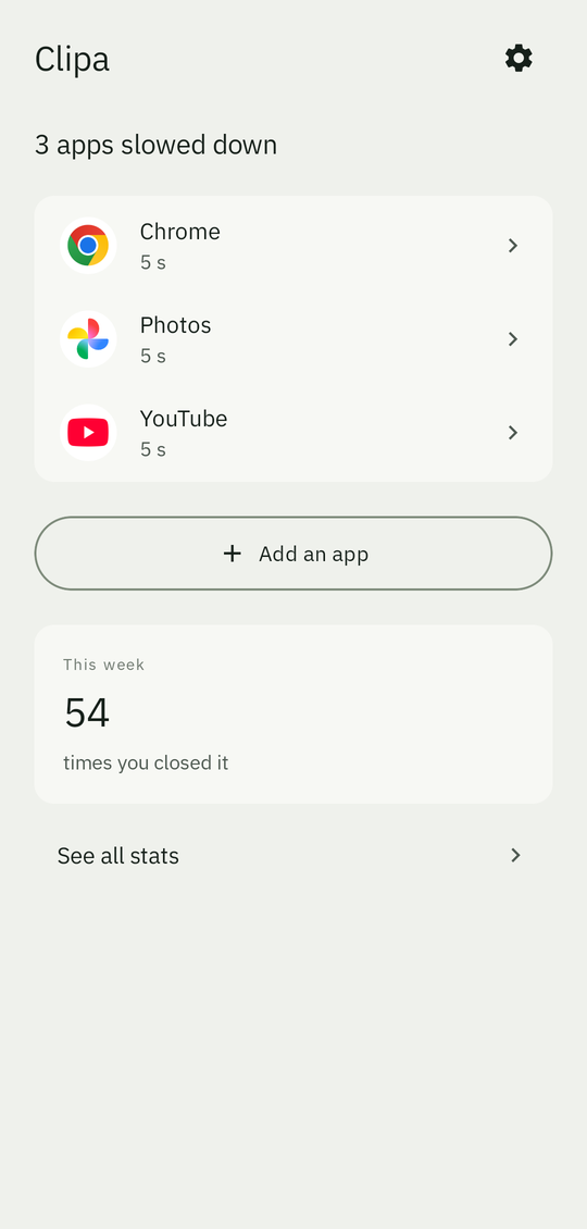 Clipa's home screen listing three apps being slowed down and a count of sessions closed this week.